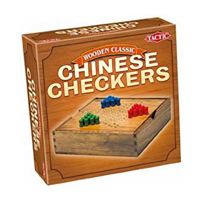 Tactic Wooden Classic Chinese Checkers box showing the wooden star board and colourful peg pieces