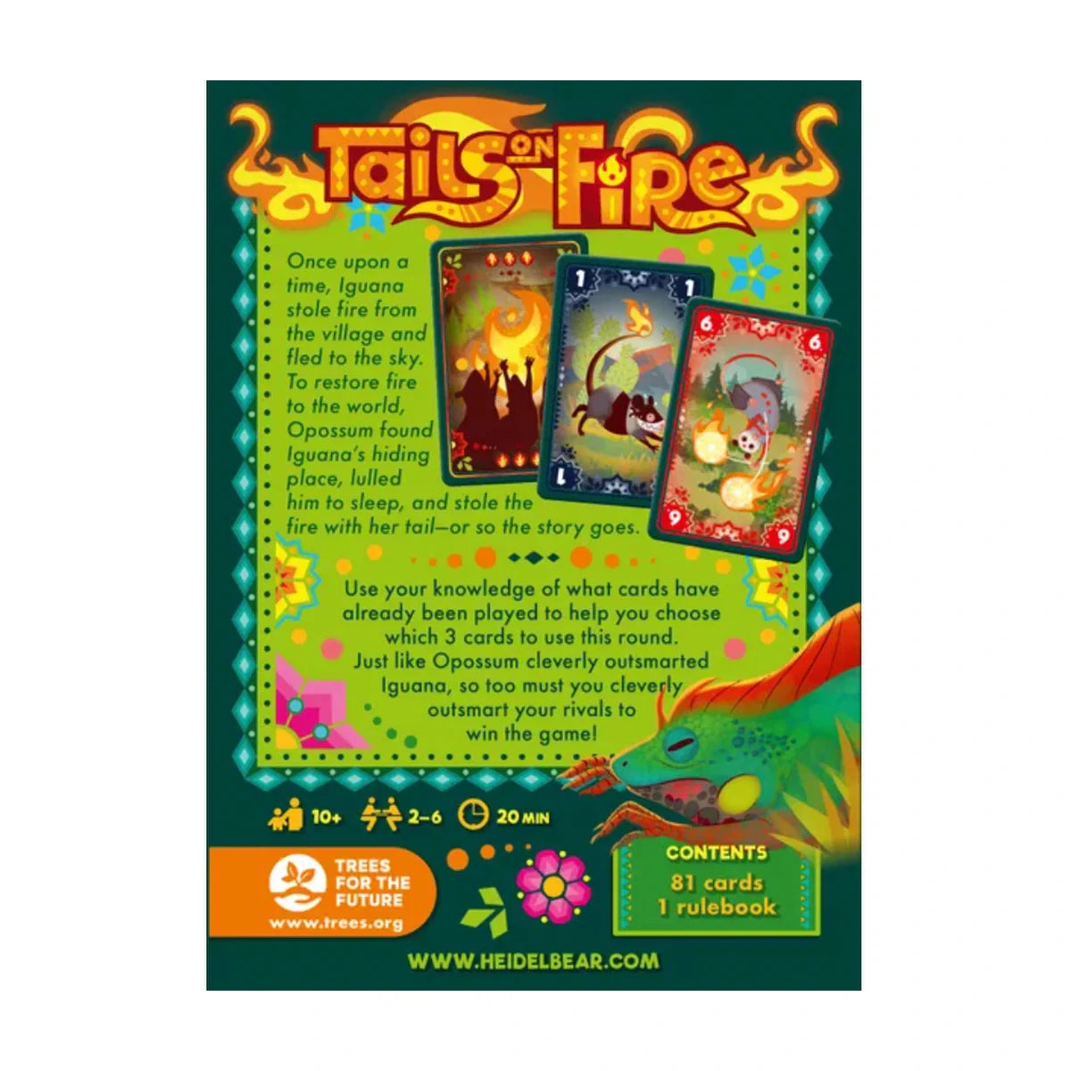 Tails on Fire card game box back with game details
