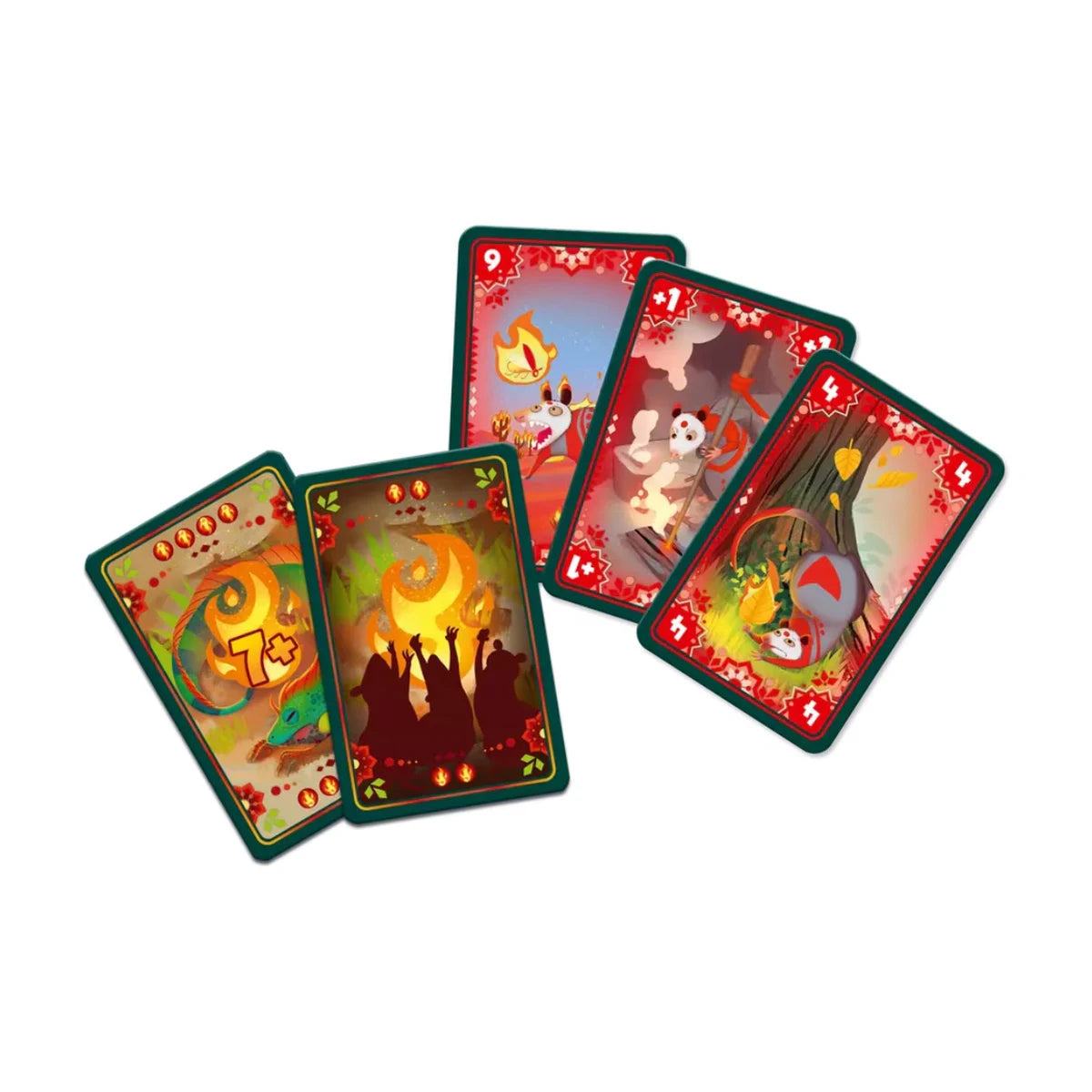 Tails on Fire card game close-up of illustrated cards