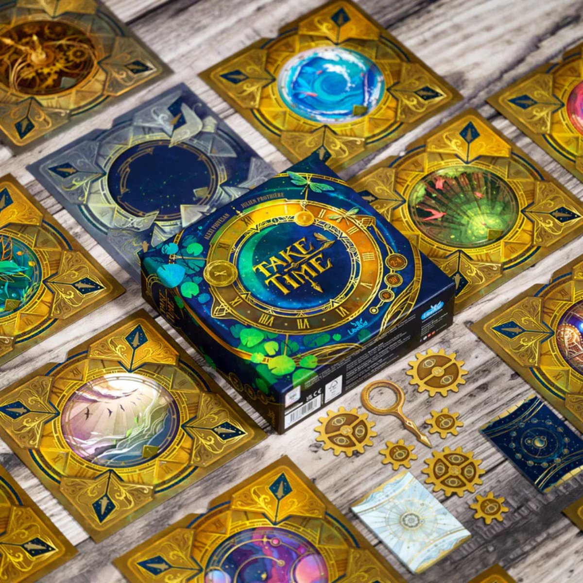 Take Time cooperative board game flat-lay with boards cards and box