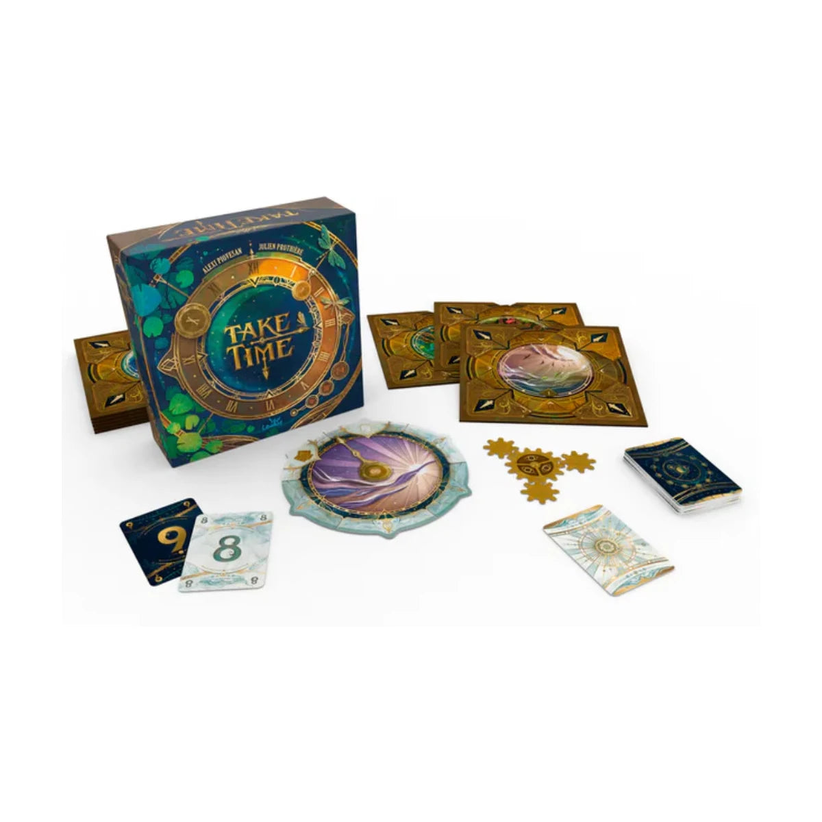 Take Time board game layout with box cards clock and components