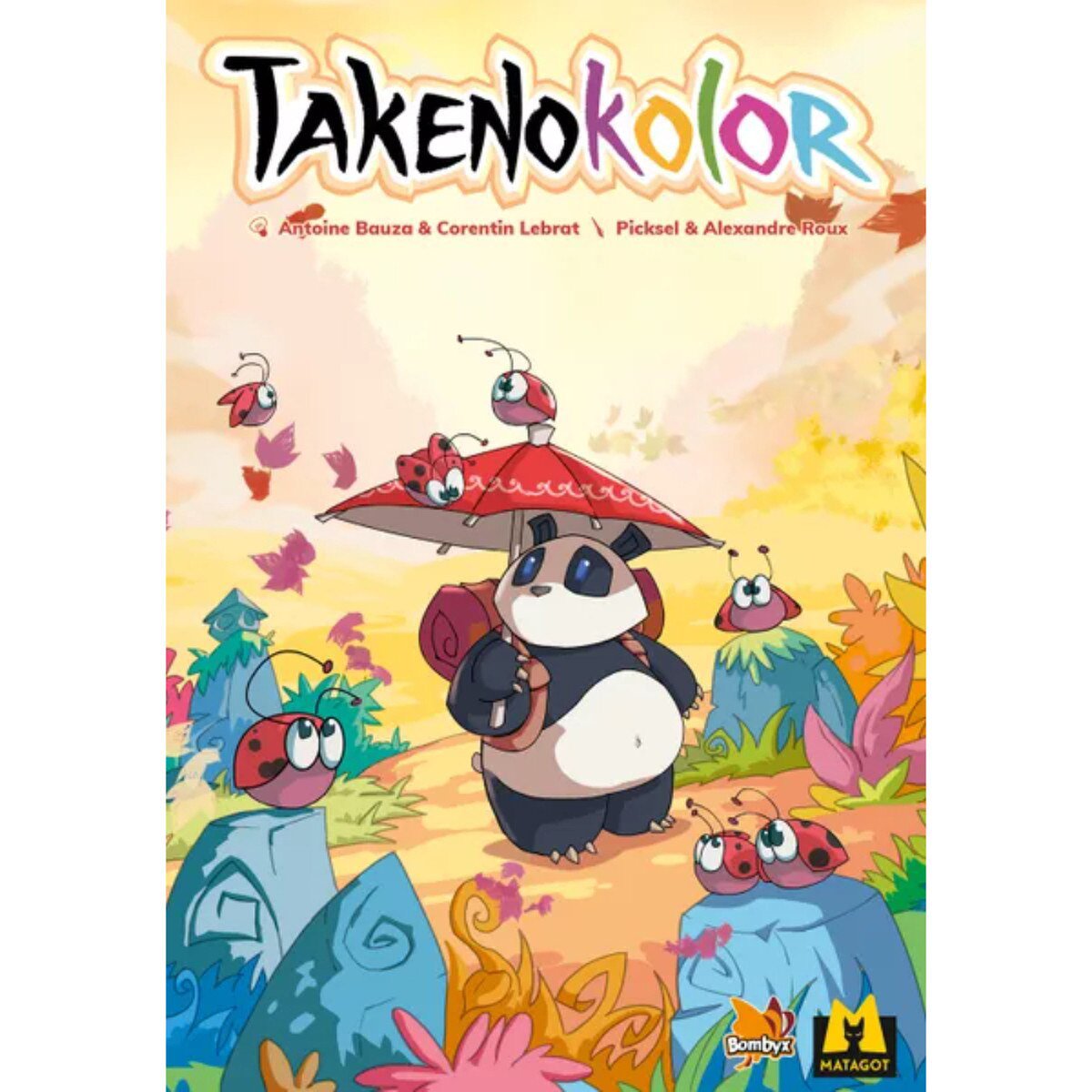 Takenokolor cover artwork showing panda with umbrella in a colourful bamboo garden