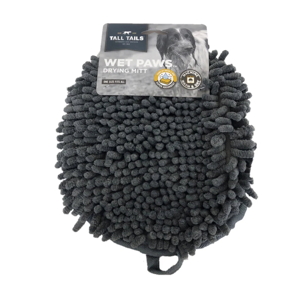 Tall Tails Wet Paws Dog Drying Mitt in grey with product packaging