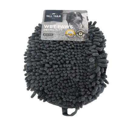 Tall Tails Wet Paws Dog Drying Mitt in grey with product packaging