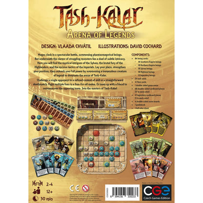Tash-Kalar Arena of Legends board game back showing the arena board, cards, playing pieces and game components