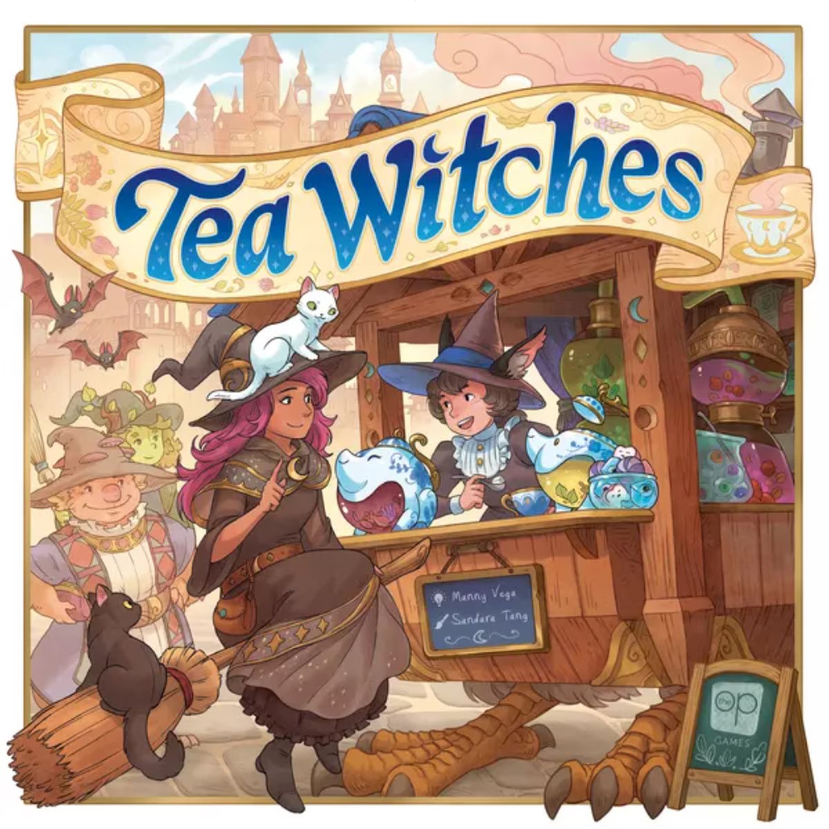 Tea Witches board game box front showing a magical tea hut fantasy strategy game with witches and TeaPups