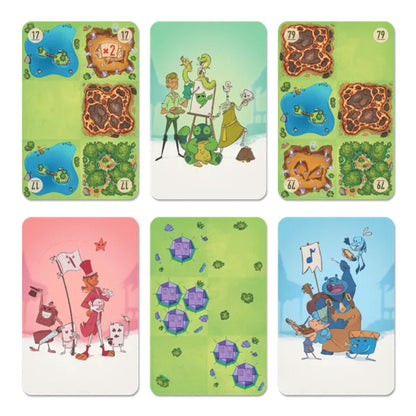Tectonic Tribes terrain and tribe cards showing water, lava, forest, mine and tribe artwork