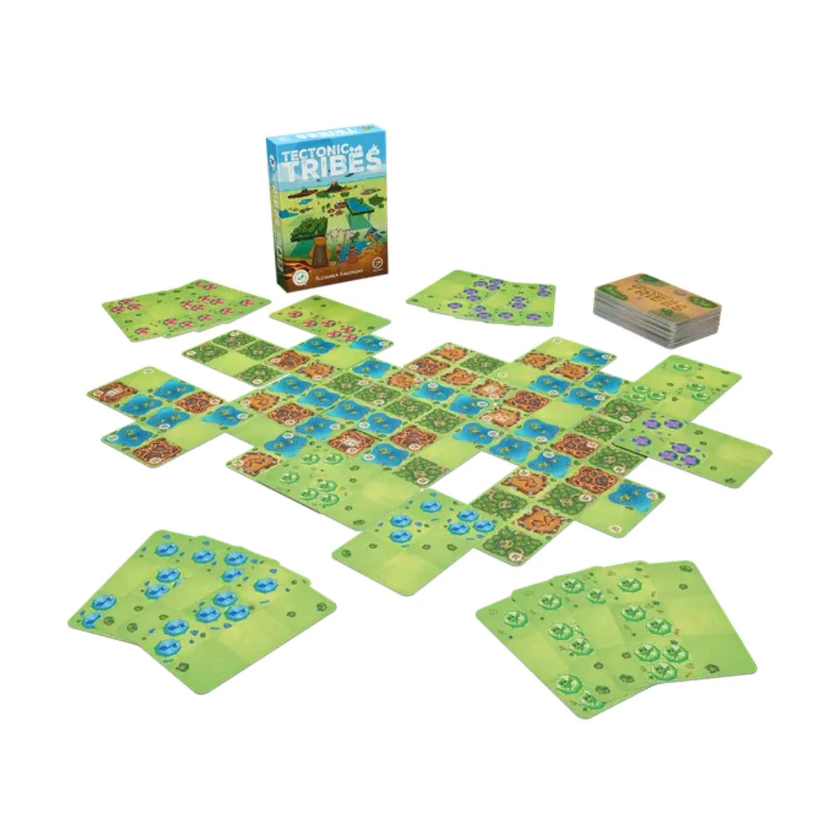 Tectonic Tribes Card Game set up with terrain and tribe cards forming the world of Joldu