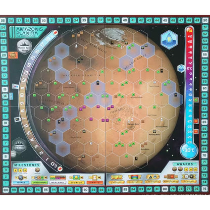 Terraforming Mars Amazonis Planitia expansion map with extended global parameters milestones awards and placement bonuses