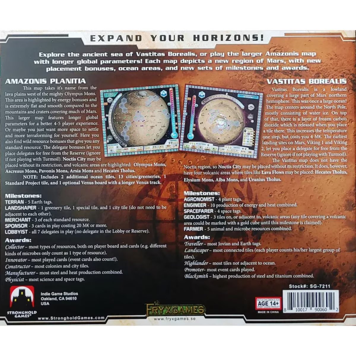 Terraforming Mars Amazonis and Vastitas expansion box back showing map details milestones awards and extra components