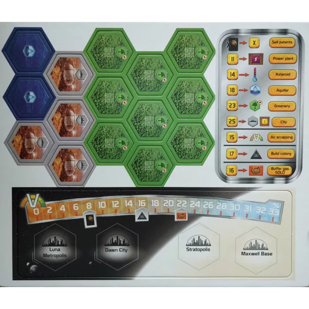 Terraforming Mars Amazonis and Vastitas expansion components with additional map tiles and optional longer Venus track