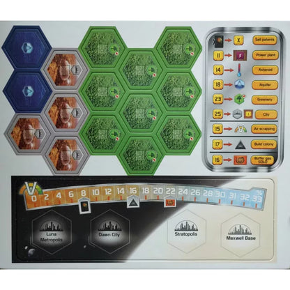 Terraforming Mars Amazonis and Vastitas expansion components with additional map tiles and optional longer Venus track