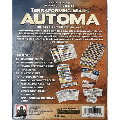 Terraforming Mars Automa expansion box back showing MarsBot cards boards tracker cubes and solo game components