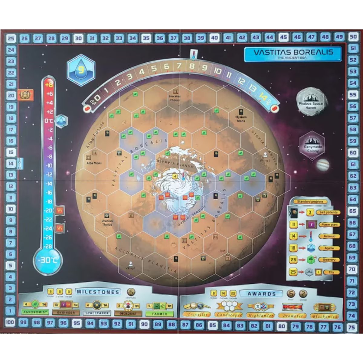 Terraforming Mars Vastitas Borealis expansion map showing the northern polar region milestones awards and placement bonuses