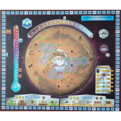 Terraforming Mars Vastitas Borealis expansion map showing the northern polar region milestones awards and placement bonuses