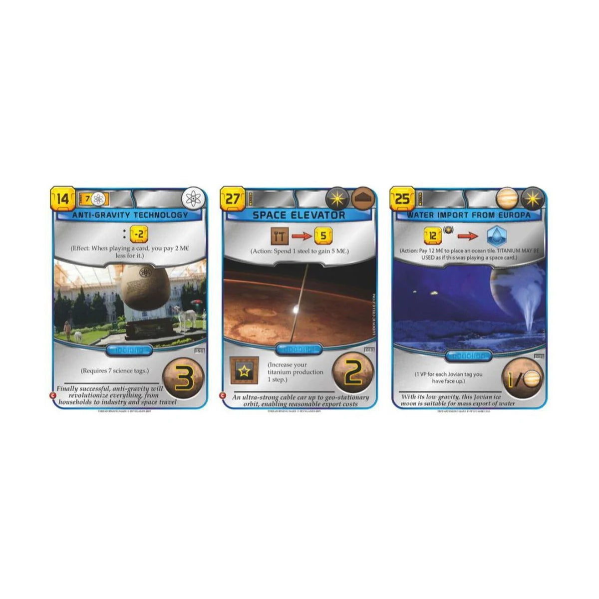 Terraforming Mars board game project cards showing space and colony themed cards