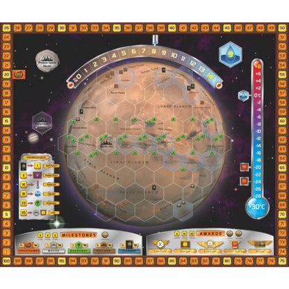 Terraforming Mars game board showing the Mars map and terraforming tracks