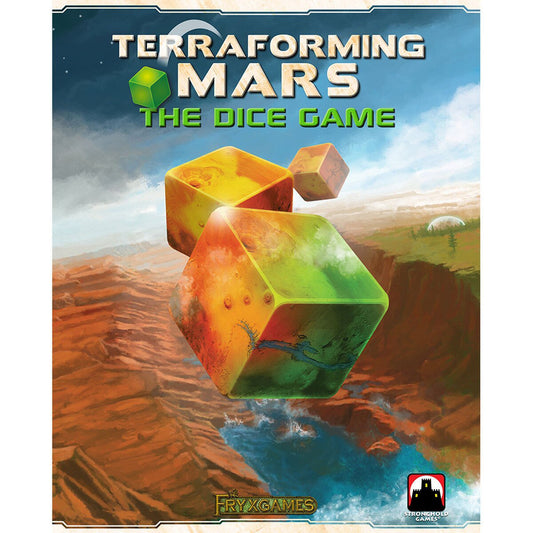 Terraforming Mars The Dice Game box cover for a sci-fi dice strategy board game for 1 to 4 players ages 14 plus