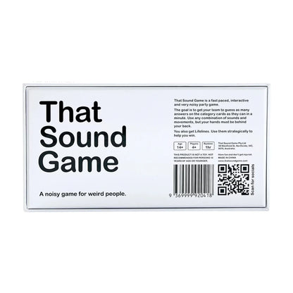 That Sound Game Original Edition box back showing party game details for ages 14 plus and 4 or more players