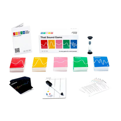 That Sound Game Original Edition contents with category cards Lifelines timer die scorecard marker and rules