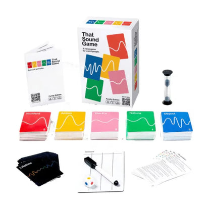 That Sound Game Family Edition contents with cards timer dice and scorecard