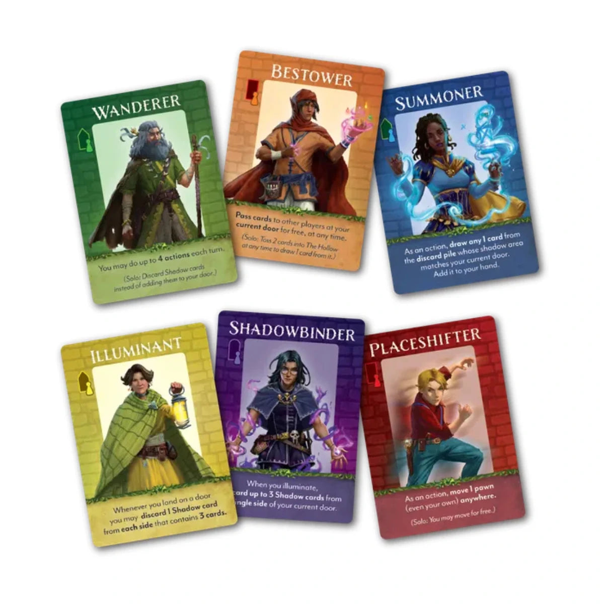 The Four Doors adventurer cards showing Wanderer Bestower Summoner Illuminant Shadowbinder and Placeshifter
