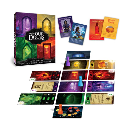 The Four Doors cooperative adventure game box with door cards adventurers relics pawns and gameplay setup