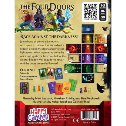 The Four Doors cooperative game box back showing the Light Tower setup components and game details for 1 to 5 players