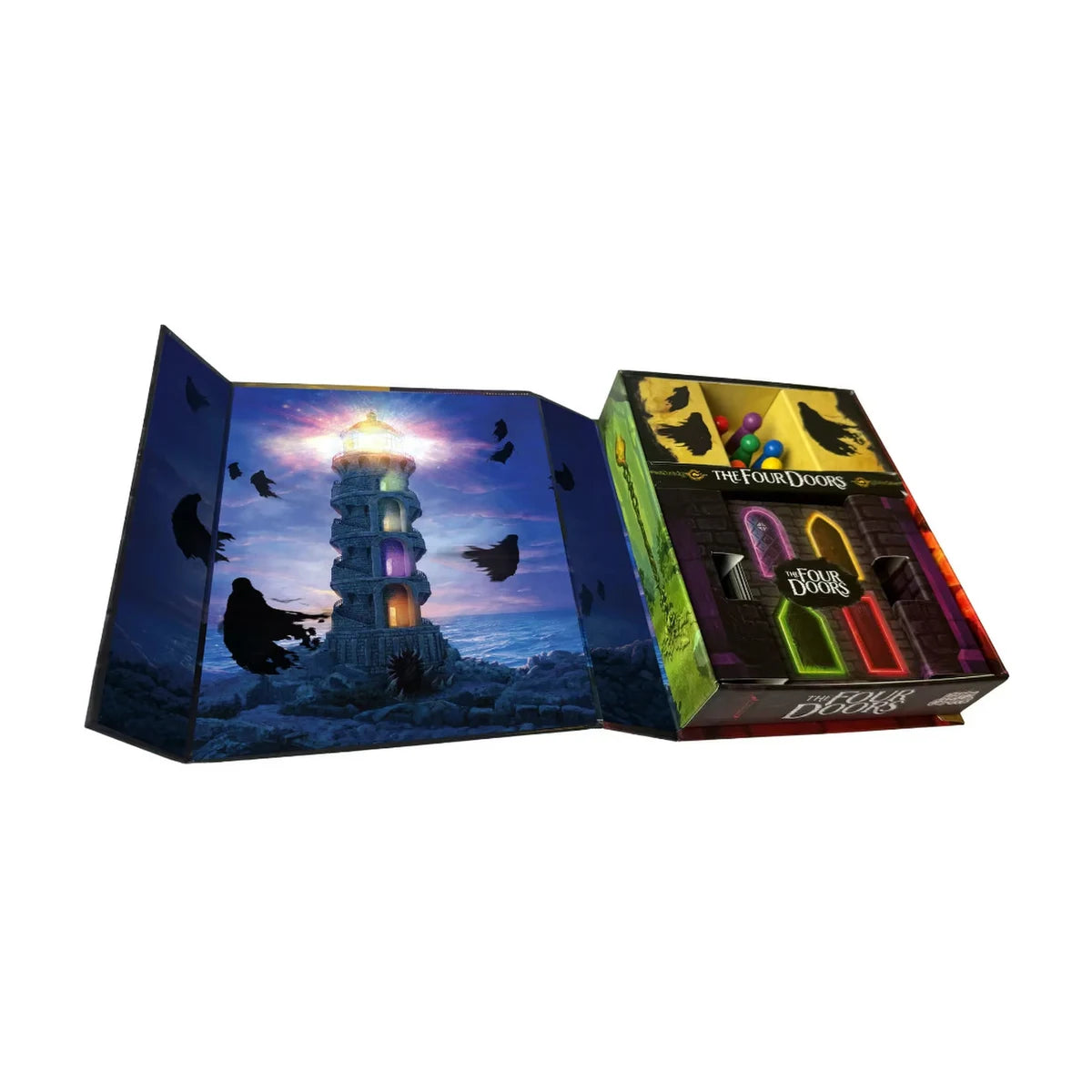 The Four Doors game magnetic flip box opened to reveal the lighthouse artwork cards and coloured wooden pawns