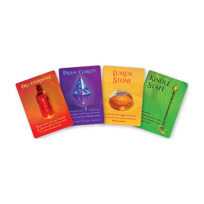 The Four Doors relic cards showing Oil of Evermore Prism of Clarity Lumen Stone and Kindle Staff