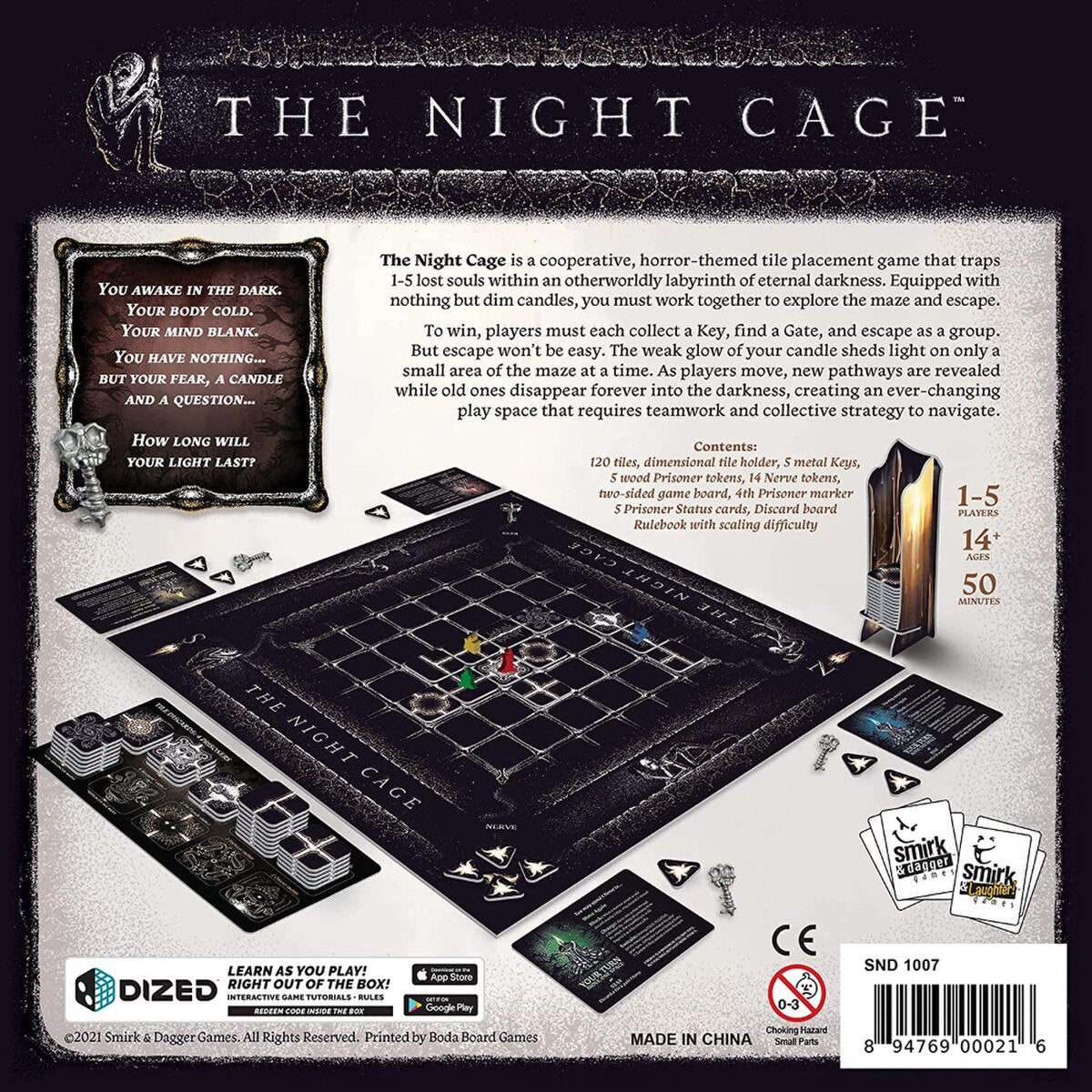 The Night Cage board game box back showing the labyrinth game board, tiles, prisoner pieces, keys and other components
