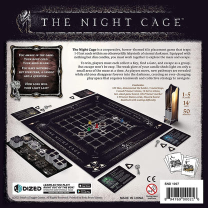 The Night Cage board game box back showing the labyrinth game board, tiles, prisoner pieces, keys and other components