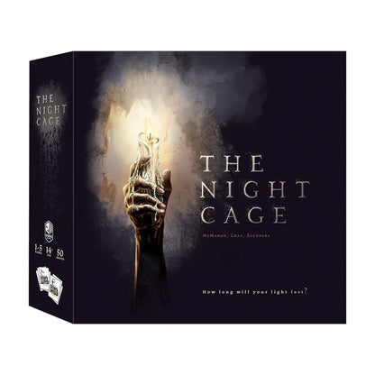 The Night Cage cooperative horror board game box featuring a hand holding a melting candle against a dark background