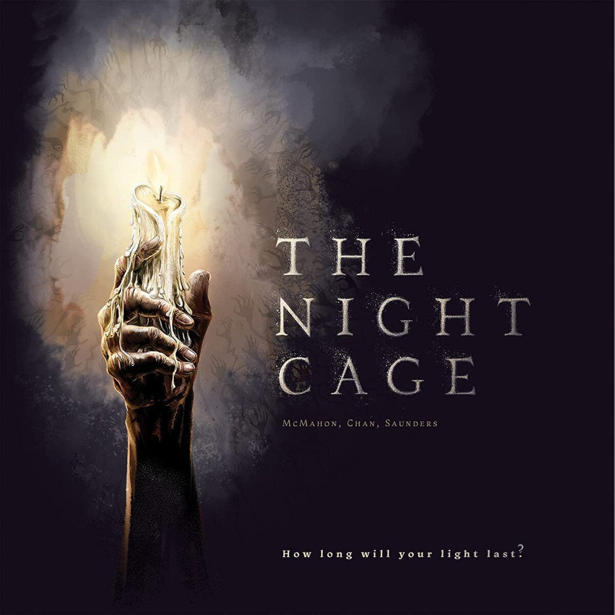 The Night Cage board game cover art featuring a hand holding a melting candle in darkness