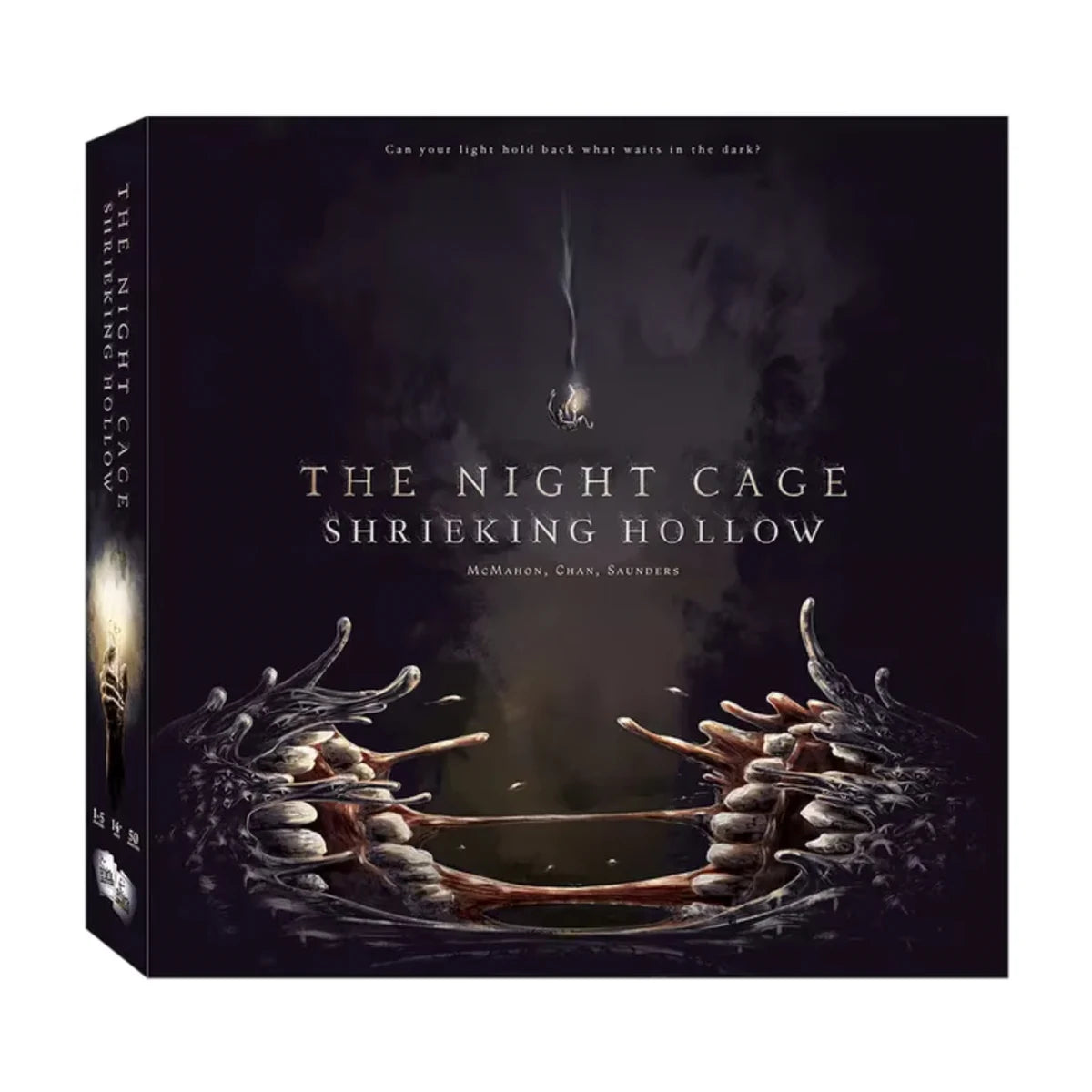 The Night Cage Shrieking Hollow board game expansion box showing a candlelit prisoner falling toward a monstrous opening in the darkness