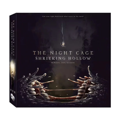 The Night Cage Shrieking Hollow board game expansion box showing a candlelit prisoner falling toward a monstrous opening in the darkness