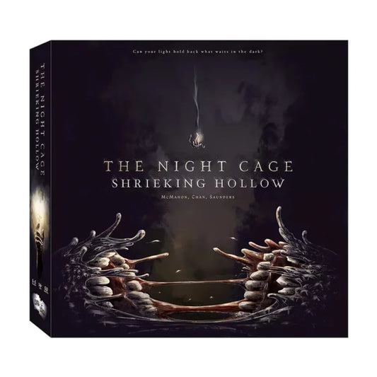 The Night Cage Shrieking Hollow board game expansion box showing a candlelit prisoner falling toward a monstrous opening in the darkness