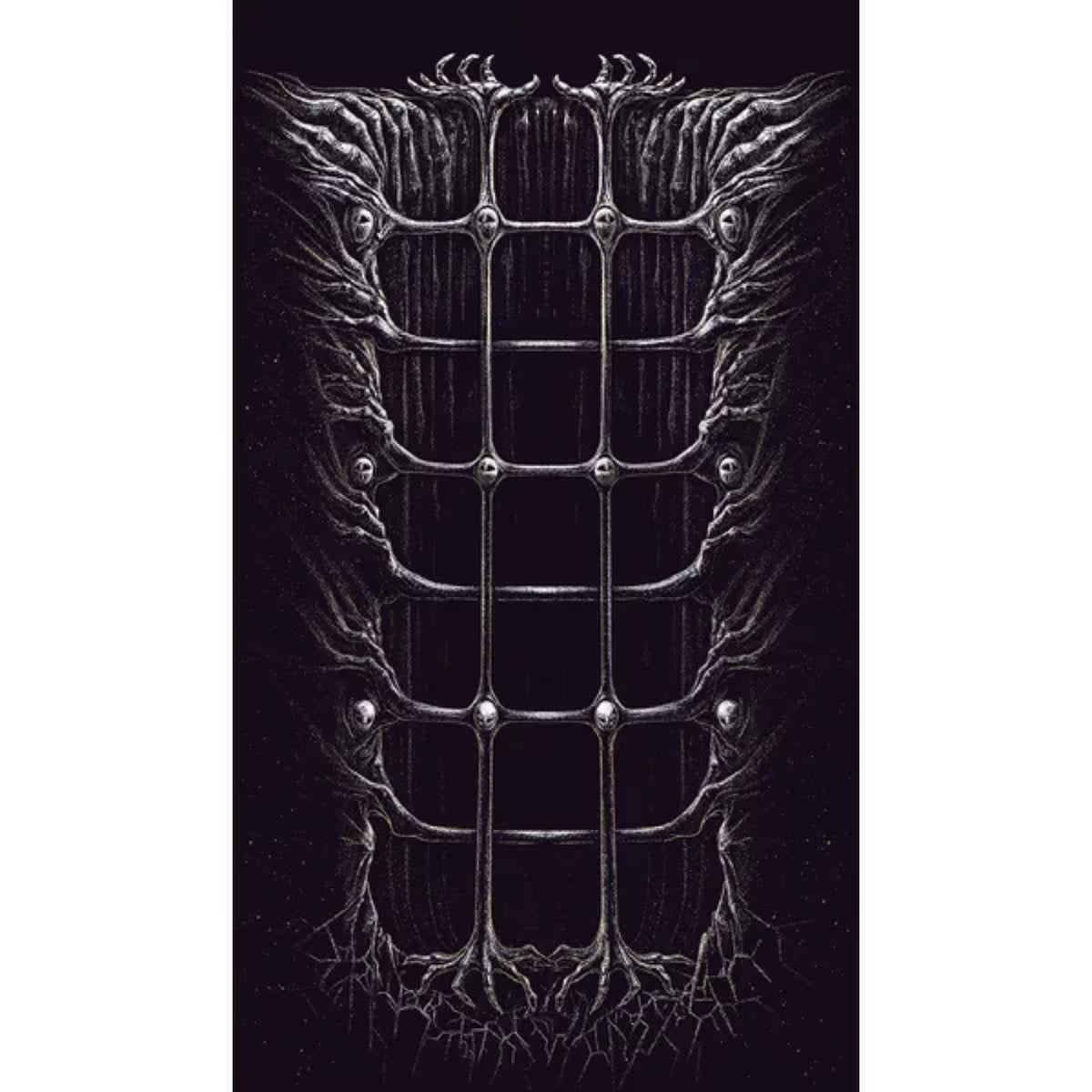 The Night Cage Shrieking Hollow expansion Hollow Board featuring a dark vertical grid surrounded by organic skeletal artwork