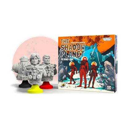 The Shadow Planet board game box displayed with six character miniatures