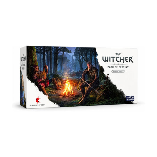 The Witcher Path of Destiny board game box featuring Geralt and Dandelion beside a campfire