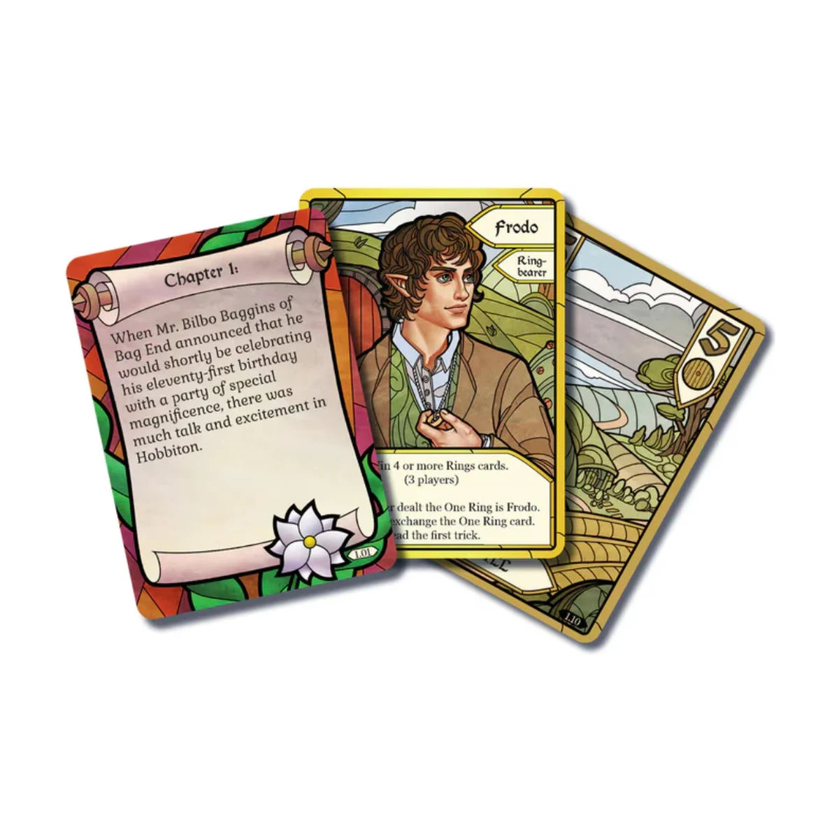 Close-up of The Fellowship of the Ring trick-taking card game location and threat cards