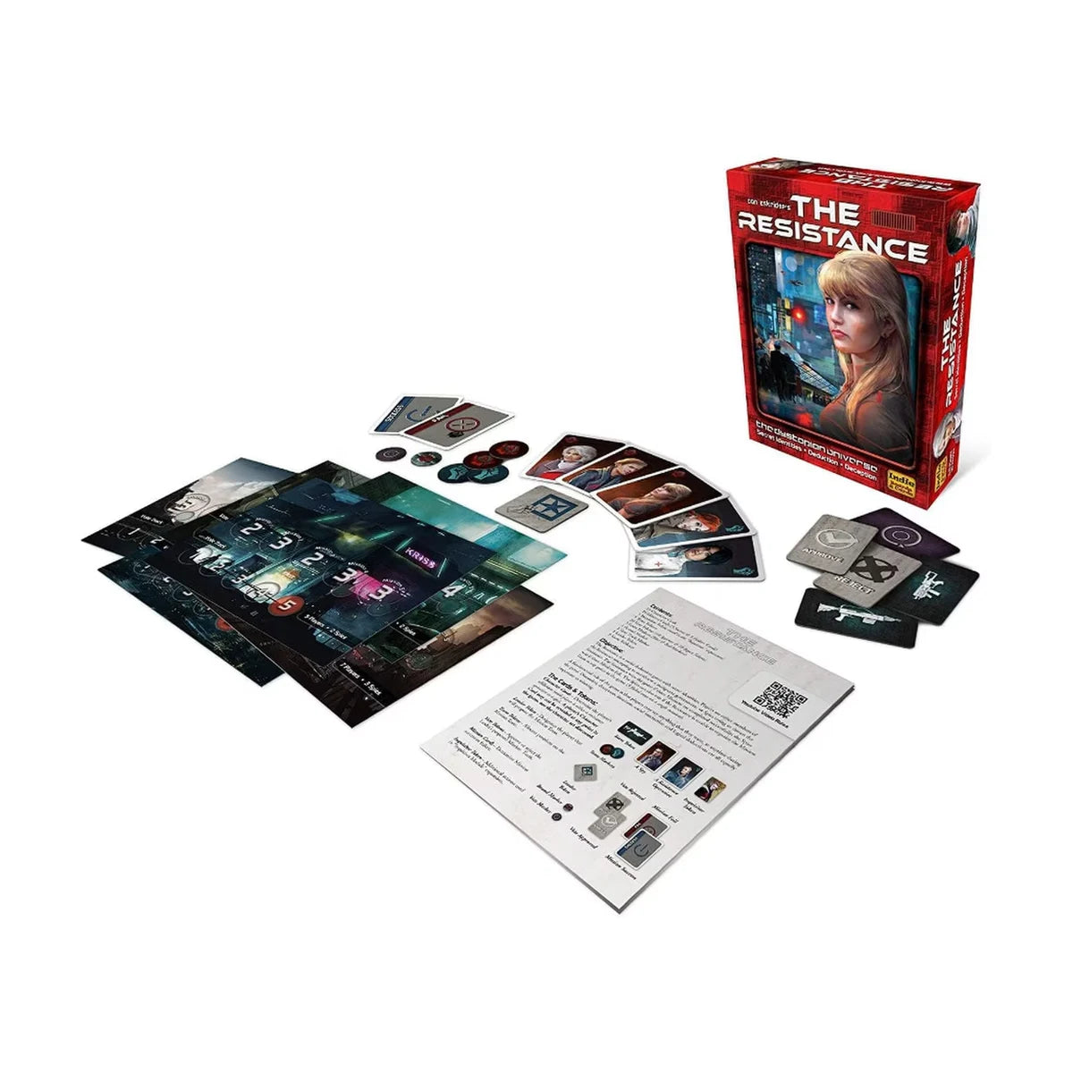 The Resistance social deduction card game with cards, mission boards, tokens and box displayed
