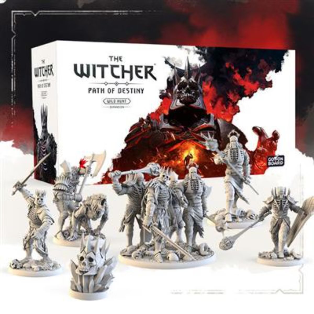 The Witcher Path of Destiny Wild Hunt Expansion box with character miniatures for the strategy board game expansion