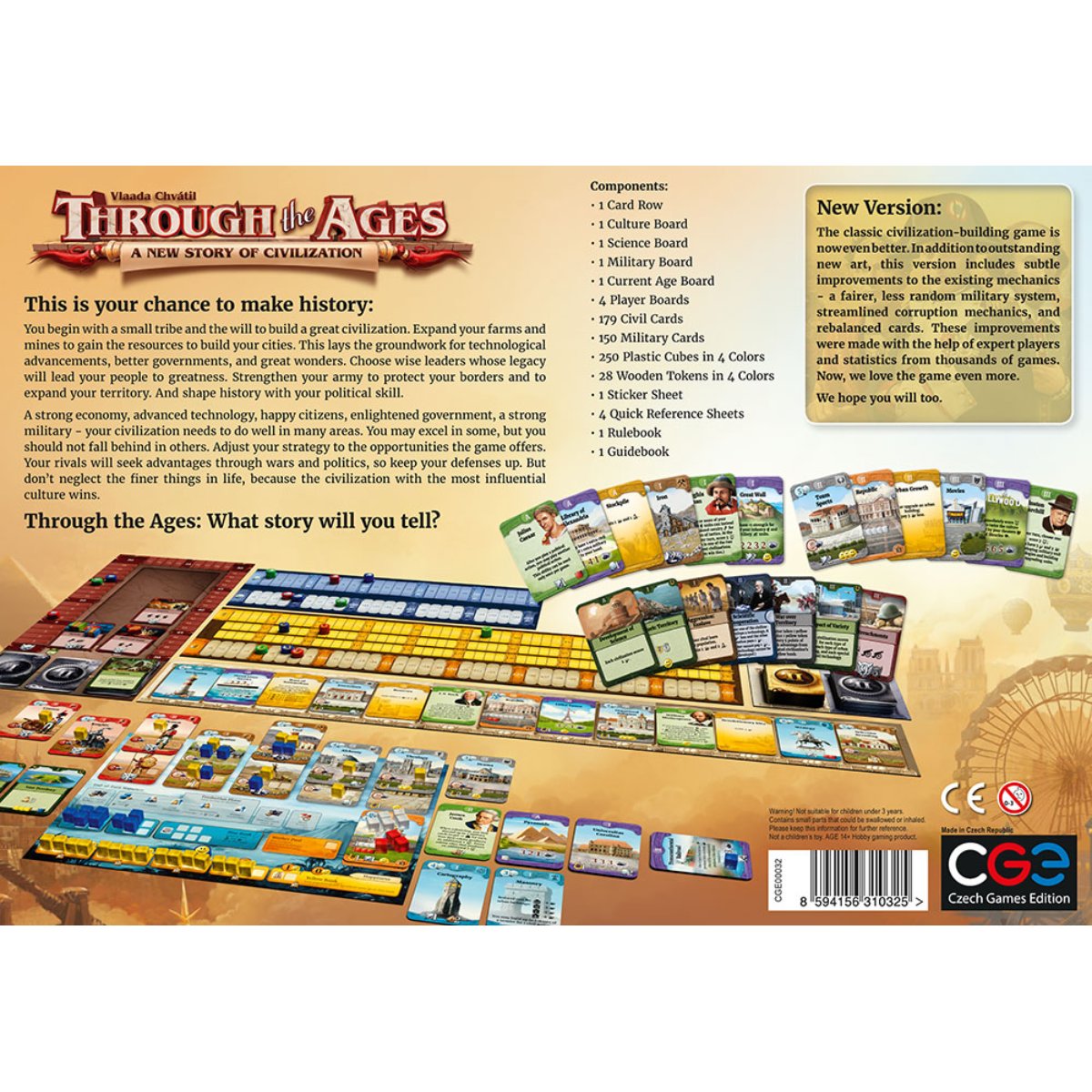 Through the Ages civilization strategy board game back of box showing boards cards and components