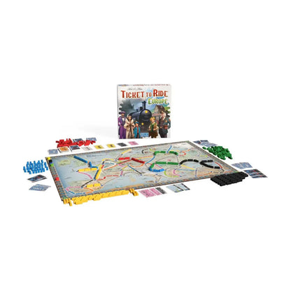 Ticket to Ride Europe 2026 Refresh game board set up with coloured trains, stations and cards