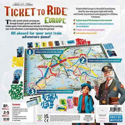 Ticket to Ride Europe 2026 Refresh gameplay overview showing the Europe map, train pieces and route building