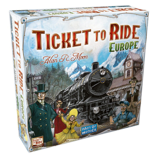 Ticket to Ride Europe classic board game box front featuring a steam train and European railway travel artwork