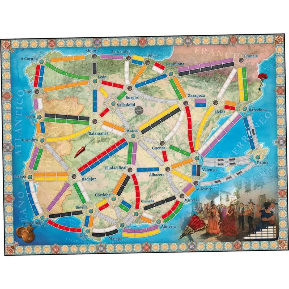 Ticket to Ride Iberia expansion map showing railway routes across Spain and Portugal