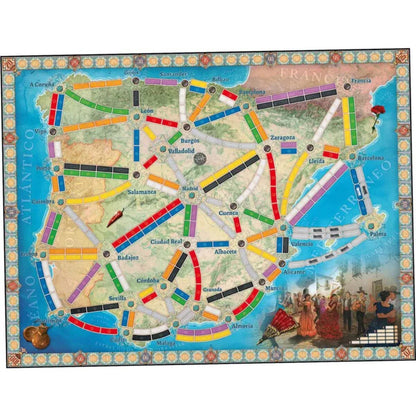 Ticket to Ride Iberia expansion map showing railway routes across Spain and Portugal