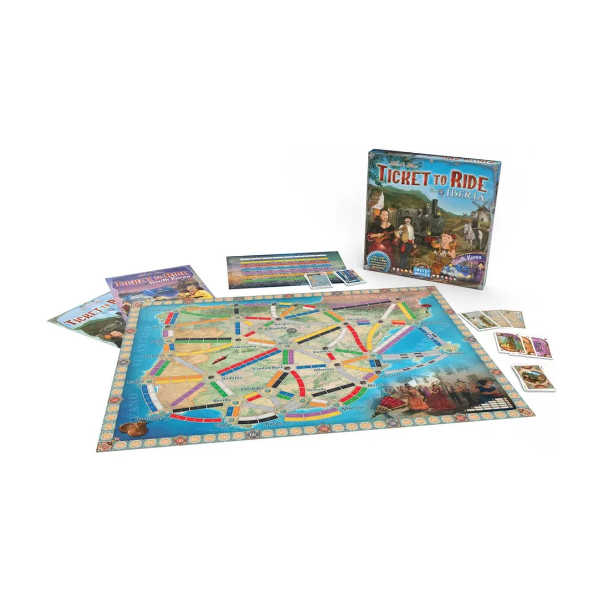 Ticket to Ride Iberia and South Korea expansion setup with Iberia map, cards and game components